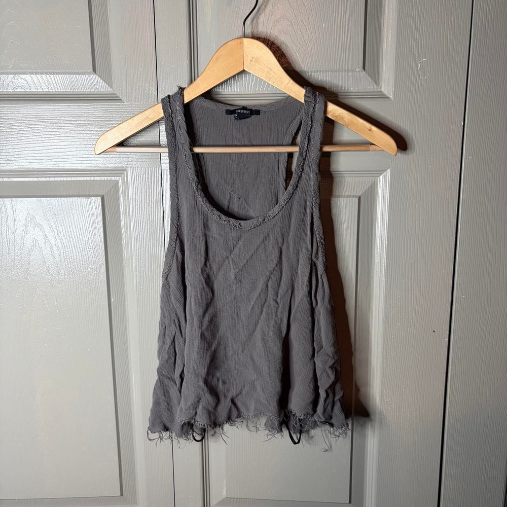 Forever 21 Grey Frayed Hem Ruffle Racerback Tank Top Fairy Cottagecore Womens M